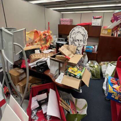 An office cubicle filled with combustible items.