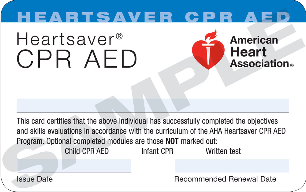 A blank HeartSaver CPR AED certification card from American Heart Association