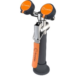 A handheld device with a black and orange handle and two orange dials on top.