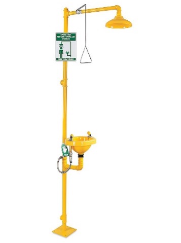 Yellow emergency shower and eyewash station with a pull handle.