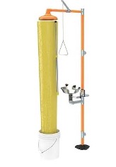 Fluid dynamics laboratory apparatus with a yellow column and an orange framework.